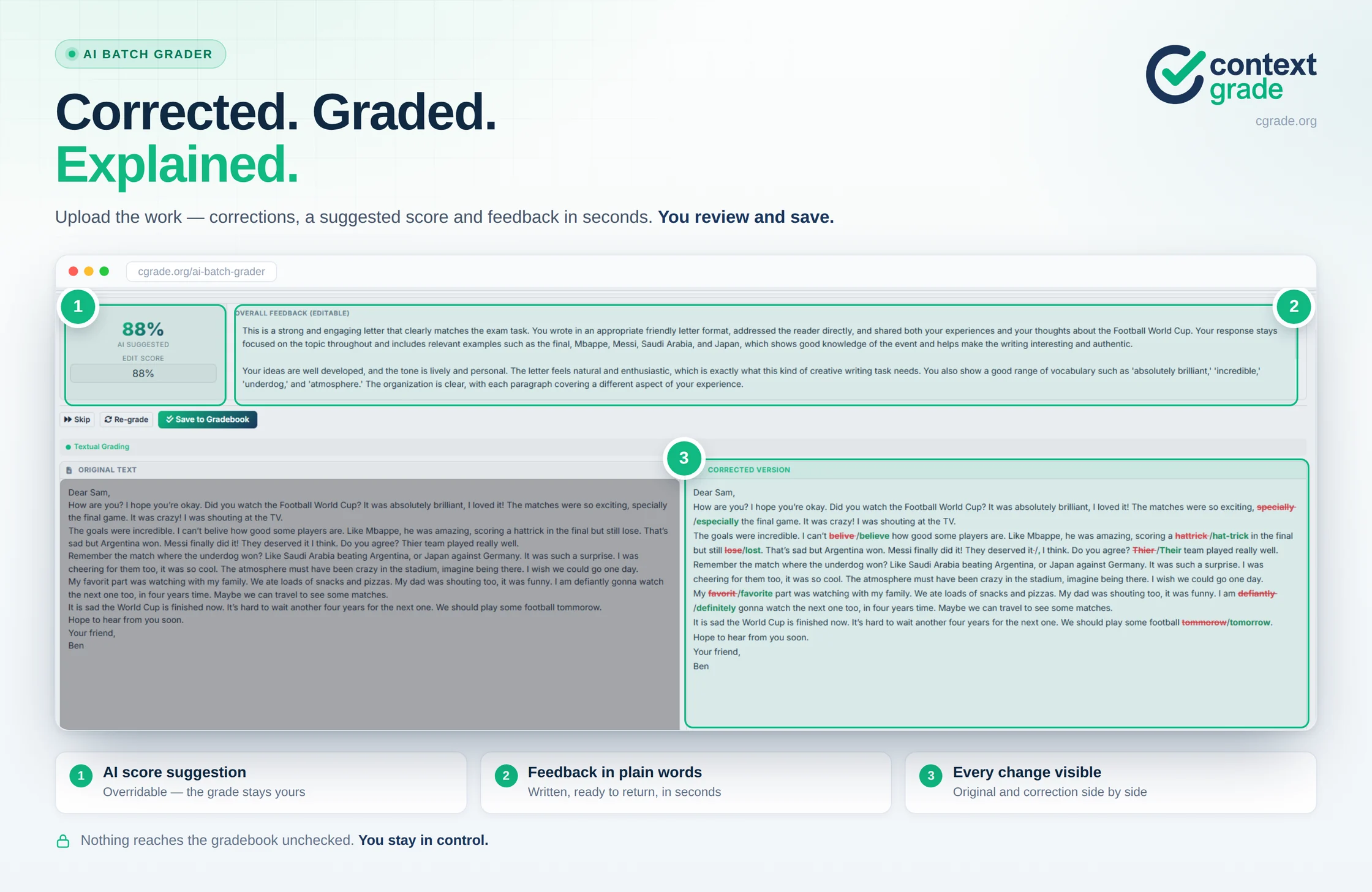 Marking view with suggested points, overall feedback and the corrected version